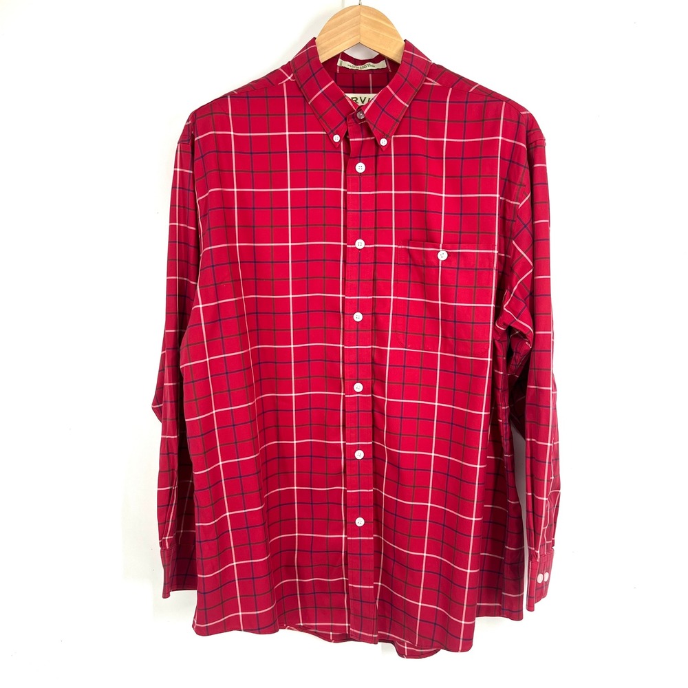 Orvis Mens Red Windowpane Plaid Button Down Cotton‎ Shirt Large Long Sleeve